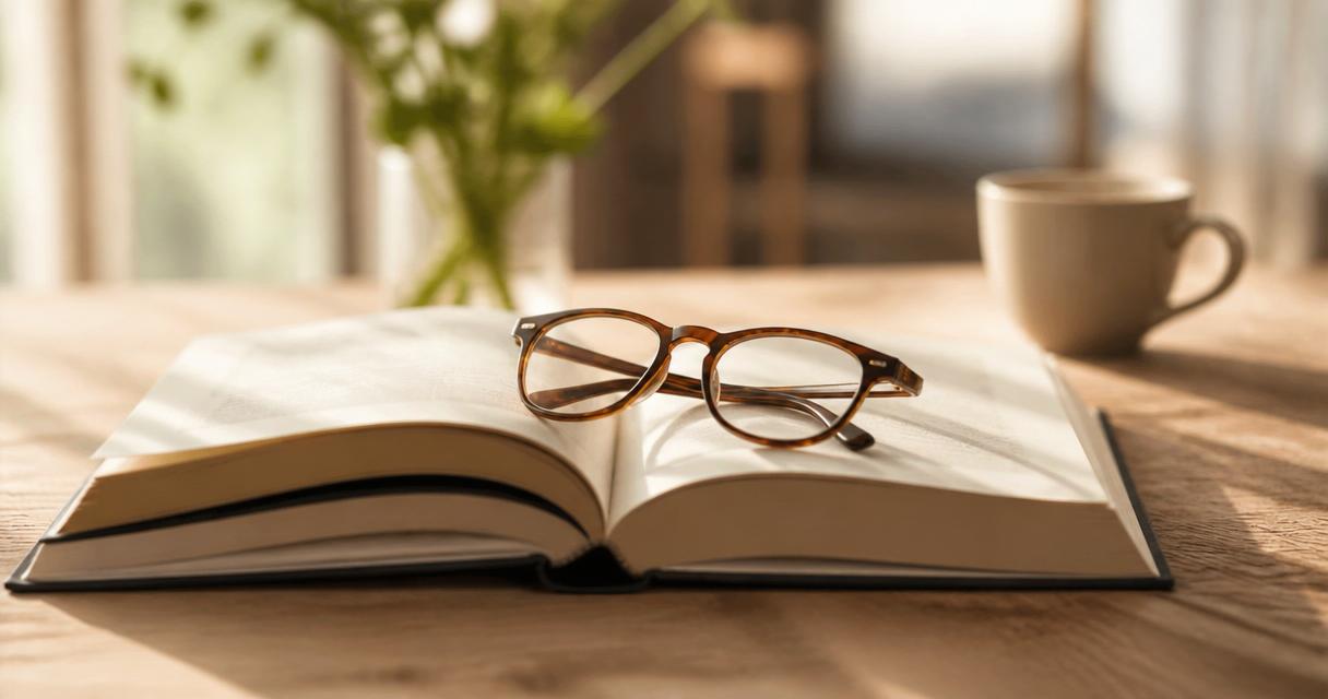 Libro abierto sobre una mesa de roble con gafas de lectura