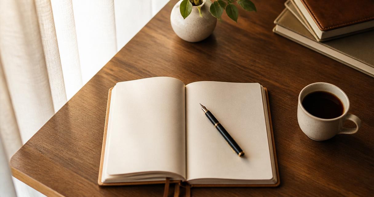 Escritorio de madera con un cuaderno abierto, una pluma y una taza de café
